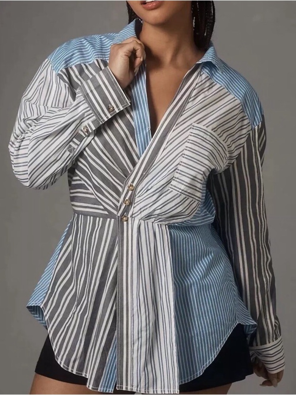 Pilcro x Anthropologie Multiprint Stripe Mix Lg Pet Gray Button Tunic